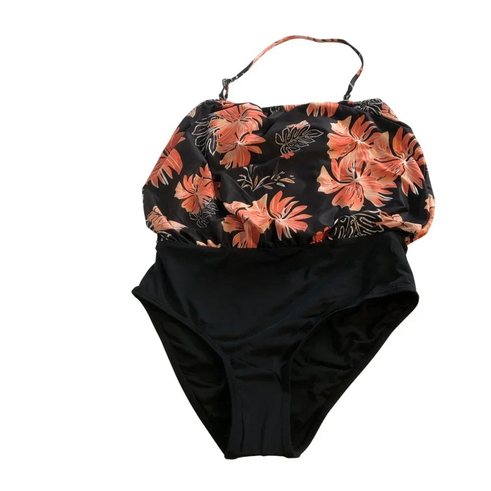 Daci Black Floral One-Piece Swimsuit Womens Size Small Removable Strap NEW